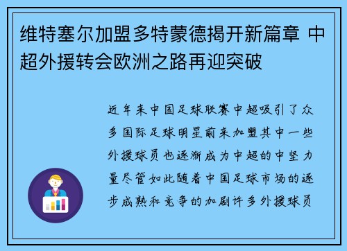 维特塞尔加盟多特蒙德揭开新篇章 中超外援转会欧洲之路再迎突破